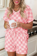 Pink Checkered V Neck Tee Drawstring Shorts Lounge Set