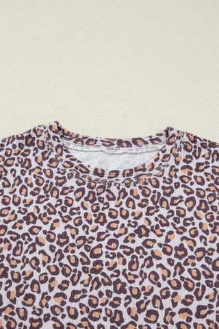 Khaki Leopard Ribbed Long Sleeve Top Drawstring Shorts 2pcs Outfit