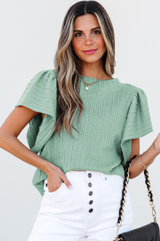 Sleet Solid Color Textured Flutter Sleeve Top