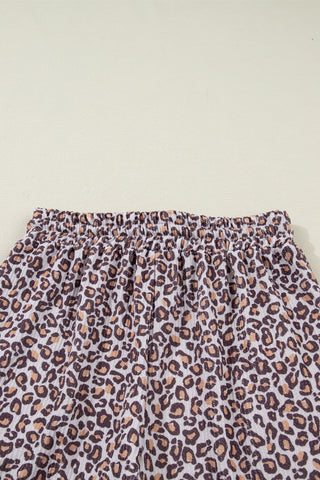 Khaki Leopard Ribbed Long Sleeve Top Drawstring Shorts 2pcs Outfit