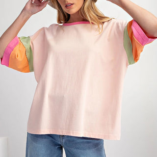 Green Color Block Stitching Sleeve Round Neck Oversize Top