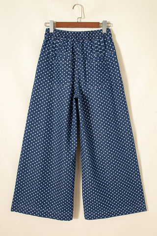 Sky Blue Polka Dot Print Button Pleated Detail Wide Leg Jeans