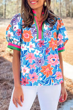 Sky Blue Floral Colorblock Edge Puff Sleeve Split Neck Blouse