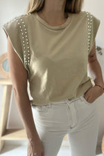 Sage Green Studded Cap Sleeve Round Neck T Shirt