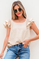 Beau Blue Textured Bow Knot Frilled Butterfly Sleeve Blouse