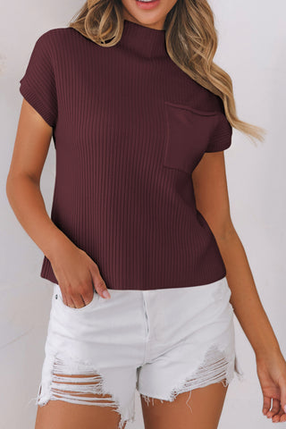 Dark Blue Patch Pocket Ribbed Knit Short Sleeve Sweater