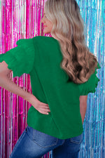 Dark Green Tulle Ruffle Sleeve Blouse