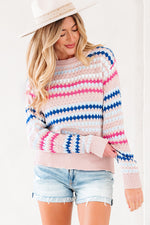 Khaki Stripe Eyelet Patterned Drop Shoulder Sweater