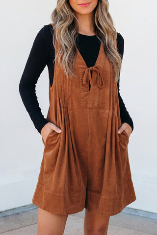 Cinnamon Solid Color Tie V Neck Sleeveless Corduroy Romper