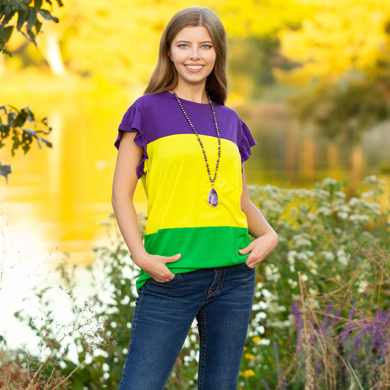 10702 - Mardi Gras Color Block Top with Butterfly Sleeves