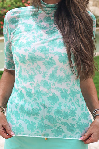 PREORDER- Kora Short Sleeve Mesh Top- Mint Eternal Blossom