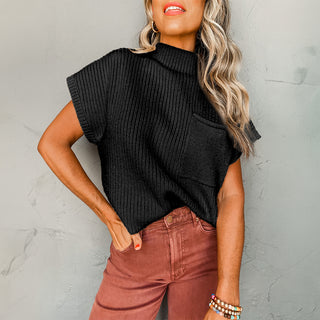 Pink Patch Pocket Ribbed Knit Short Sleeve Sweater
