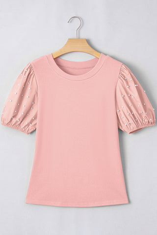 Bright Pink Ribbed Pearl Beaded Puff Sleeve Top