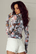 Brown Floral Long Sleeve High Neck Sheath Mesh Blouse