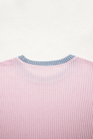 Light Pink Colorblock Corded Short Sleeve Boxy Top and Shorts Set