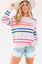 Khaki Stripe Eyelet Patterned Drop Shoulder Sweater