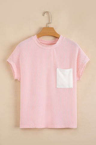 Light Blue Corded Knit Color Block Pocketed Crew Neck T Shirt