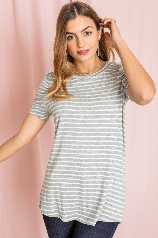 Stripe Puff Ruched Sleeve Top