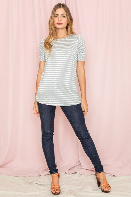 Stripe Puff Ruched Sleeve Top