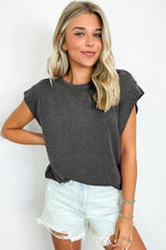 Gray Twisted Rib Wide Sleeve Crew Neck T Shirt
