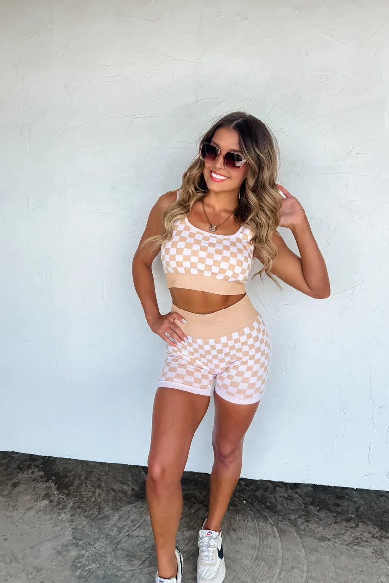 PREORDER- CHECKER BRA & BIKER SHORT SET