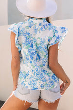 Green Floral Print Ruffle Sleeve Frilly Button Up Shirt