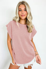 Gray Twisted Rib Wide Sleeve Crew Neck T Shirt
