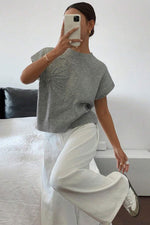 High Flower Pattern Ribbed Trim Short Sleeve Boxy Sweater
