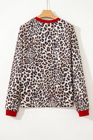 Brown Leopard Print Contrast Trim Round Neck Long Sleeve Top