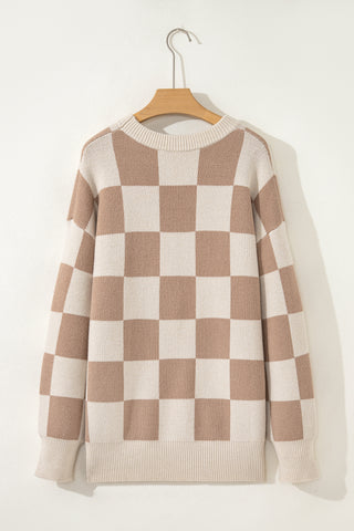 Grapefruit Orange Checkered Pattern Ribbed Trim Knit Baggy Sweater