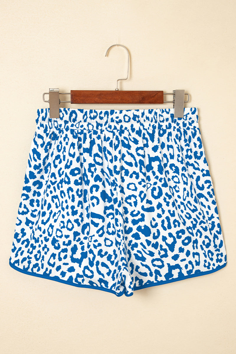 Pink Leopard Elastic Waist Lace up Contrast Trim Casual Shorts