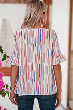 White Water color stripe ruffle half sleeve blouse