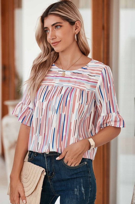 White Water color stripe ruffle half sleeve blouse