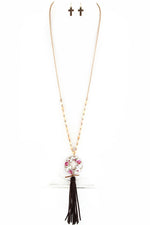 Rose Print Cutout Cross Disk Suede Tassel Necklace