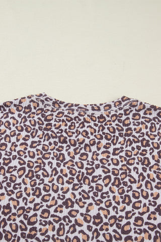 Khaki Leopard Ribbed Long Sleeve Top Drawstring Shorts 2pcs Outfit