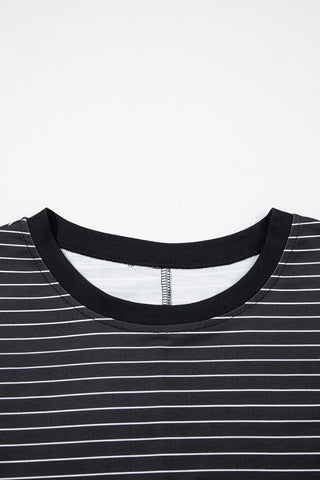 Black Stripe Ruffled Short Sleeve Crew Neck T Shirt Shift Mini Dress