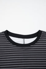Black Stripe Ruffled Short Sleeve Crew Neck T Shirt Shift Mini Dress