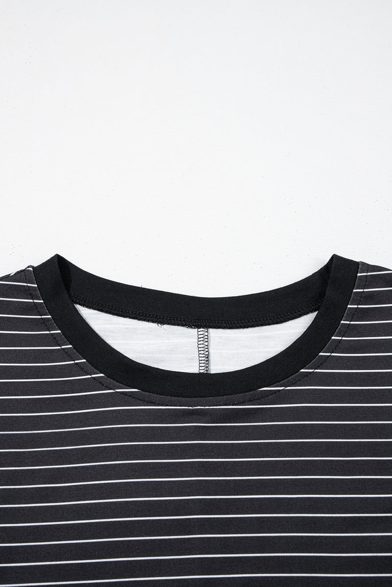 Black Stripe Ruffled Short Sleeve Crew Neck T Shirt Shift Mini Dress