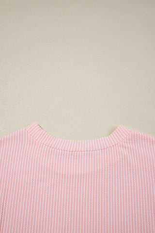 Light Blue Corded Knit Color Block Pocketed Crew Neck T Shirt