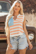 Beige USA Flag Notched Neckline Loose Sweater Vest