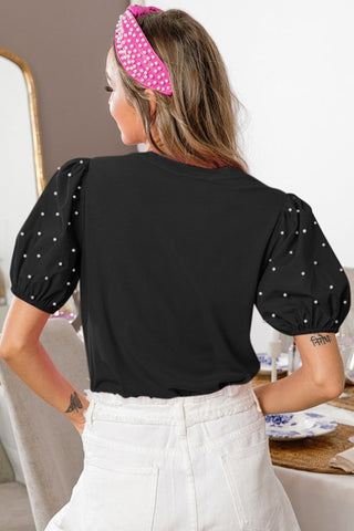 Bright Pink Ribbed Pearl Beaded Puff Sleeve Top