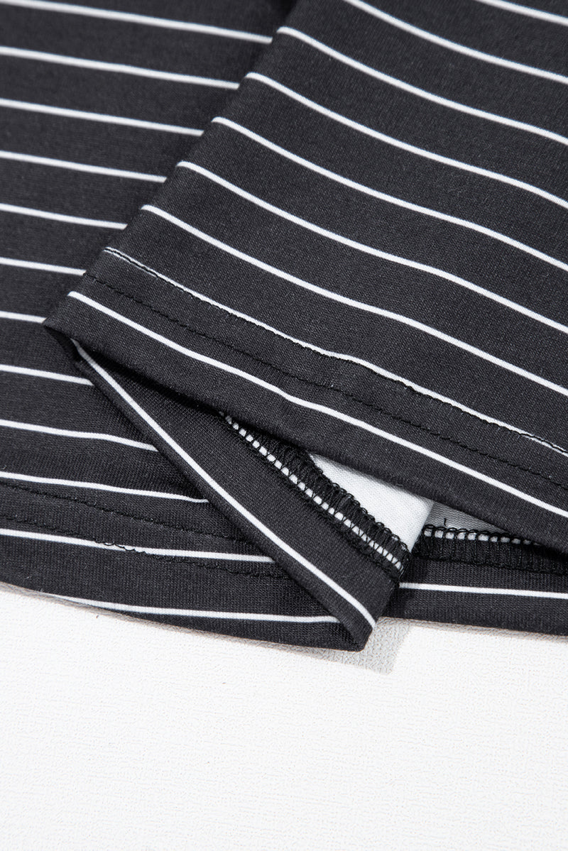 Black Stripe Ruffled Short Sleeve Crew Neck T Shirt Shift Mini Dress