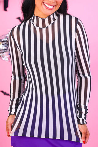 PREORDER- Keigan Mesh Top- Black/White Stripes