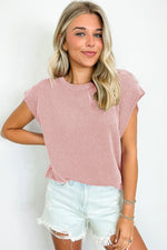 Gray Twisted Rib Wide Sleeve Crew Neck T Shirt