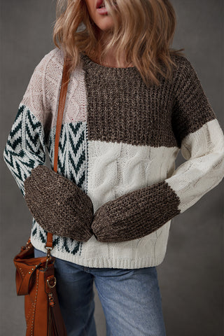 Purple Color Block Patchwork Knotted Back Loose Fit Sweater