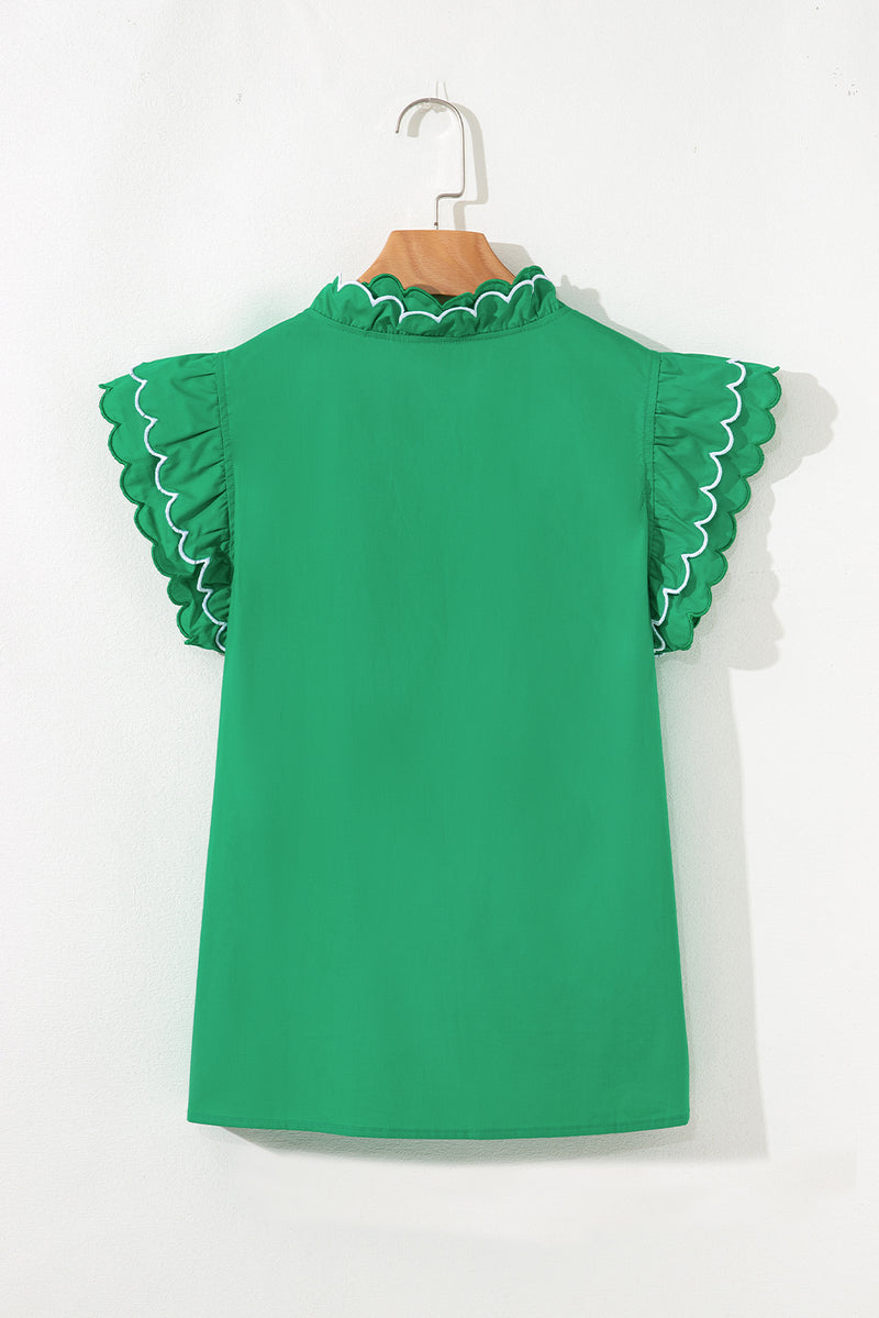 Scallop Trim Layered Short Sleeve V Neck Blouse