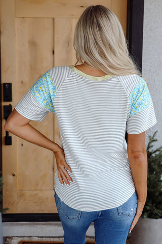 White Stripe Floral Insert Sleeves Contrast Round Neck Tee