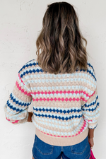 Khaki Stripe Eyelet Patterned Drop Shoulder Sweater
