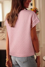 Light Pink Pearl Embellished Flower Textured T Shirt