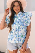 Green Floral Print Ruffle Sleeve Frilly Button Up Shirt